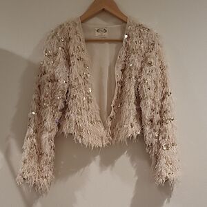 Joyfolie Cream Sequin Feather Cardigan